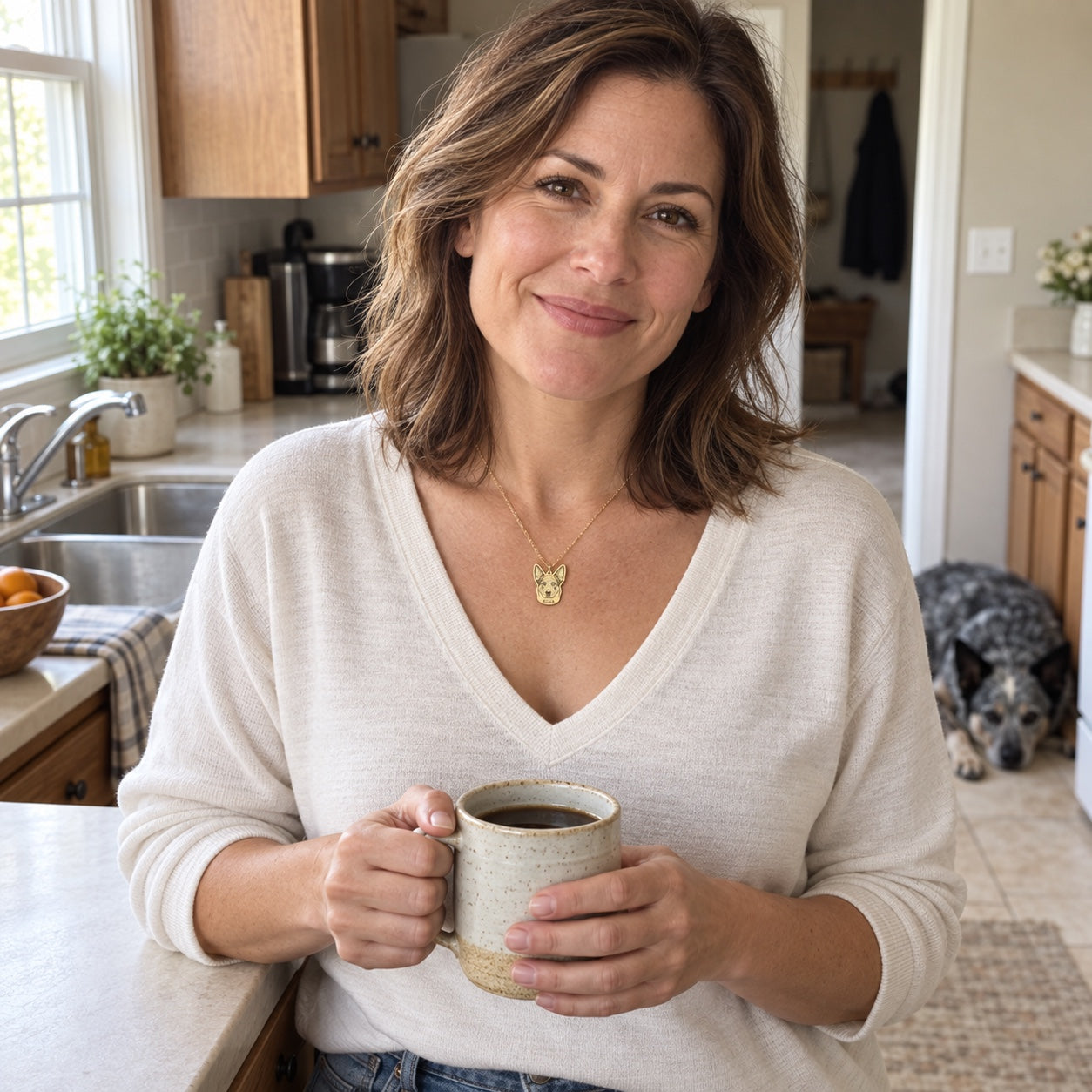 A gold pet portrait necklace worn at home, with a dog nearby