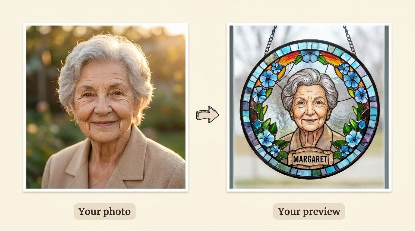 A loved one's photo transformed into a stained-glass suncatcher preview